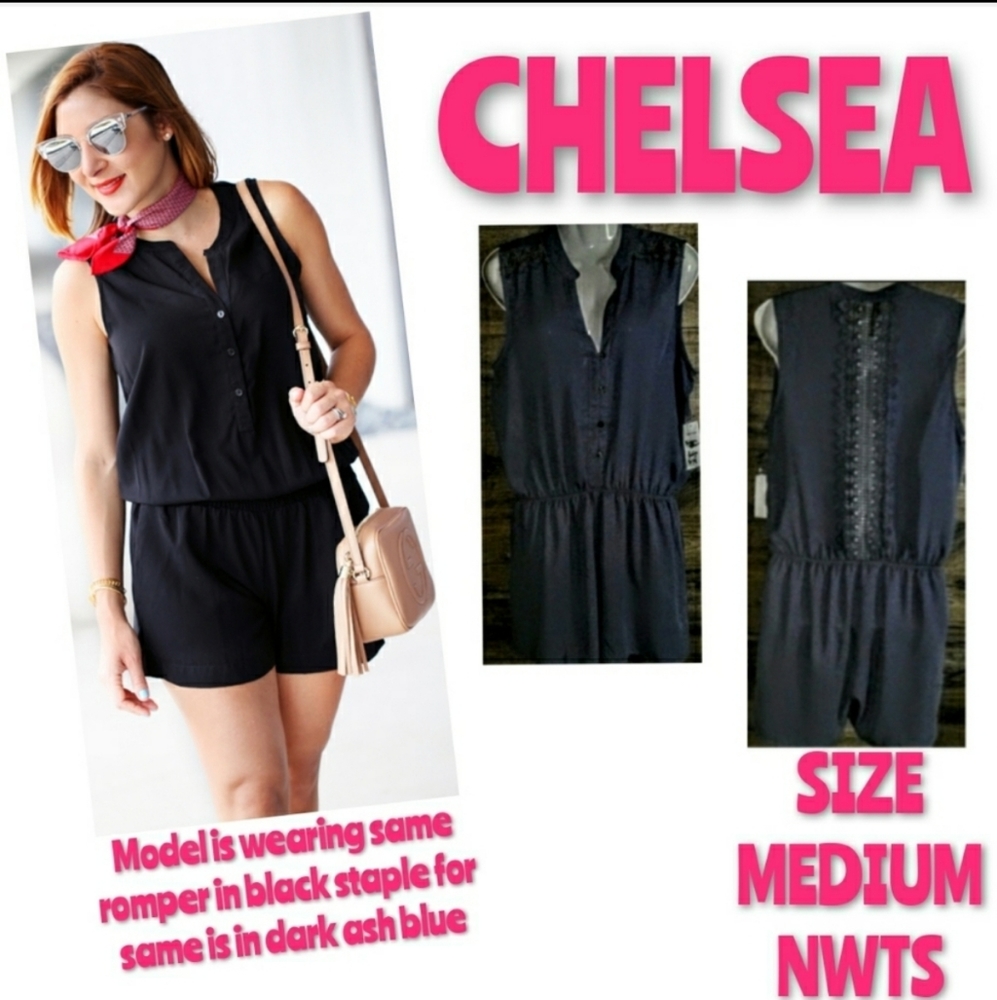 Chelsea Blue Ash Short Romper Crochet Lace Spine Size Medium NWT